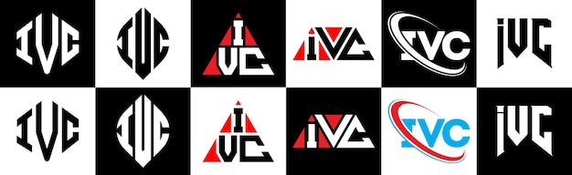 IVC letterlogo-ontwerp in zes stijlen IVC veelhoek cirkel driehoek zeshoek platte en eenvoudige stijl met zwart-witte kleurvariatie letterlogo in één tekengebied IVC minimalistisch en klassiek logo