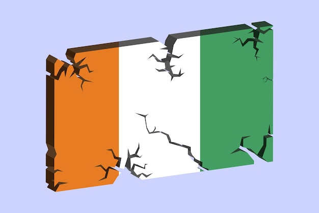 Ivory Coast flag on 3D cracked wall vector fracture pattern with cracked texture issues concept