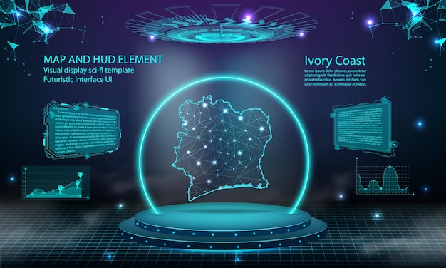 Costa d'avorio mappa luce effetto di collegamento sfondo astratto tecnologia digitale ui gui futuristico hud interfaccia virtuale con mappa della costa d'avorio palco podio futuristico nella nebbia