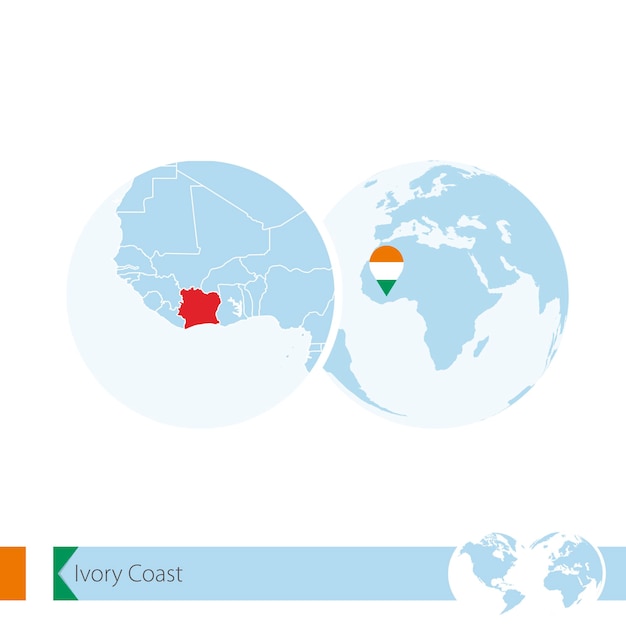 Ivory Coast on world globe with flag and regional map of Ivory Coast. Vector Illustration.