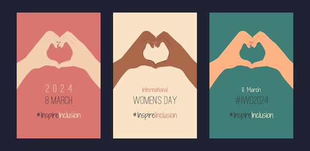 IWD design with hands show Heart Shape Minimalist International Womens Day 2024 Posters with slogan InspireInclusion Various color arms greeting card social campaign Inspire inclusion in 8 March