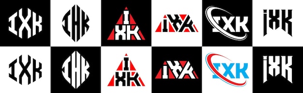 Vettore design del logo della lettera ixk in sei stili ixk poligono cerchio triangolo esagono stile piatto e semplice con variazione di colore in bianco e nero logo della lettera impostato in una tavola da disegno logo ixk minimalista e classico