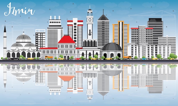 Izmir Skyline with Gray Buildings, Blue Sky and Reflections. Vector Illustration. Business Travel and Tourism Concept with Modern Architecture. Image for Presentation Banner Placard and Web Site.