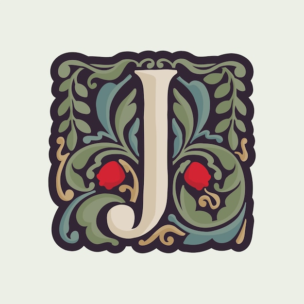 Premium Vector | J letter illuminated initial with curve leaf ornament