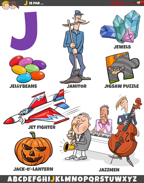 Vector j letter set met cartoon objecten en personages