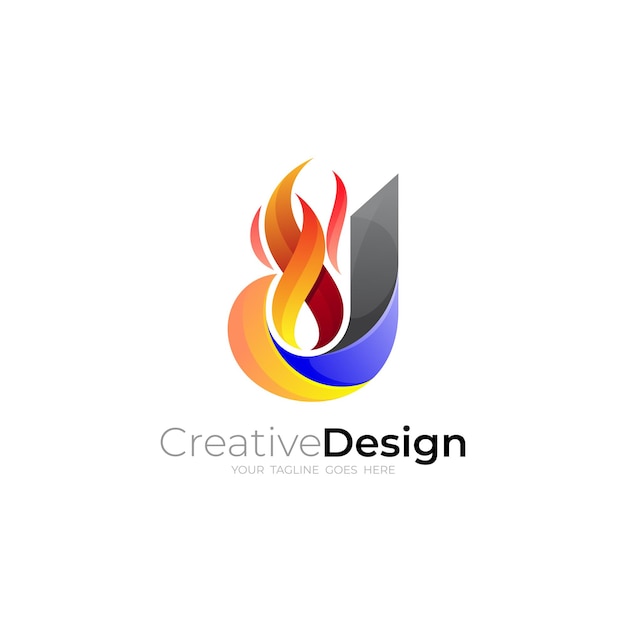 J logo letter J logo and fire design combination colorful style