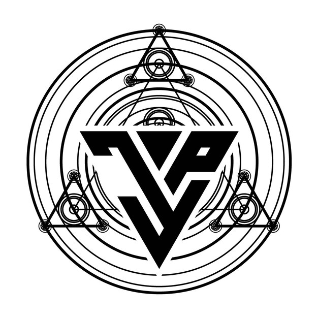 ベクトル 神聖な幾何学的な装飾が施された三角形のデザイン テンプレートを使用した jp モノグラム文字ロゴ
