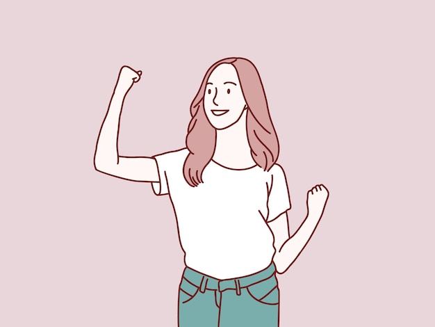 Ja pose vrolijke zelfverzekerde vrouw viert succes schreeuw winnaar eenvoudige Koreaanse stijl illustratie