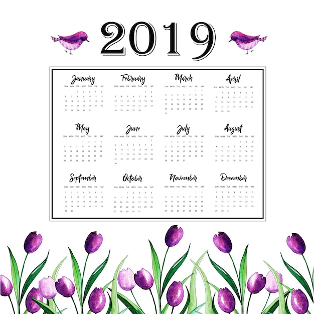 Vector jaarkalender 2019 met aquarel bloemen