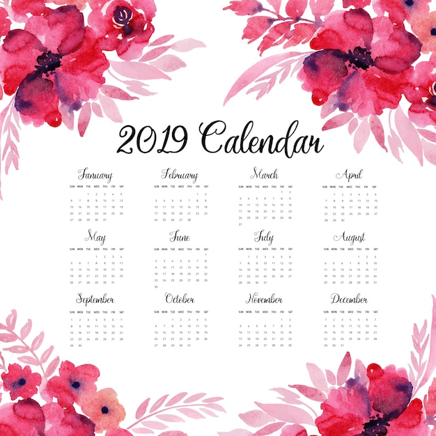 Jaarkalender 2019 met aquarel bloemen