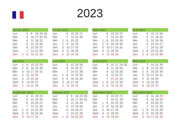 Jaarkalender 2023 in het Frans met feestdagen in Frankrijk