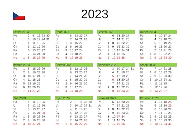 Jaarkalender 2023 in het tsjechisch met feestdagen in tsjechië