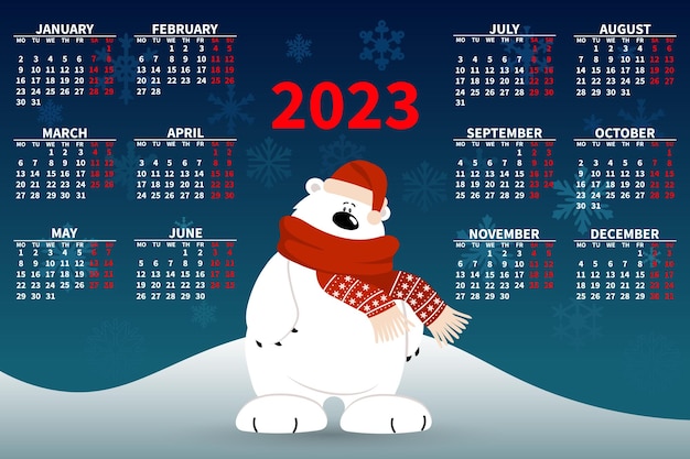 Jaarkalender 2023 met een schattige ijsbeer op de achtergrond van een besneeuwd landschap. Illustratie