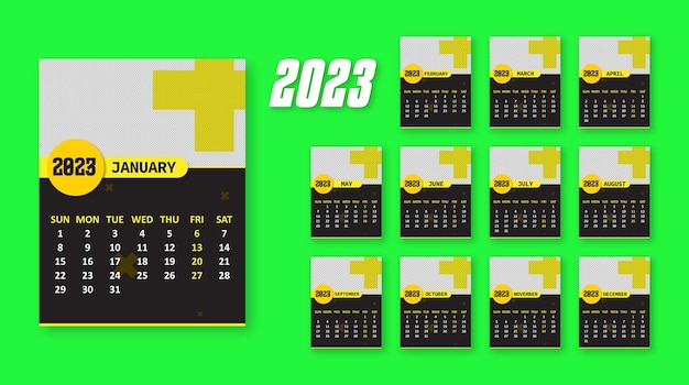 Jaarkalender 2023 Print Ready Eps Vector Template, 12 maanden kalender.