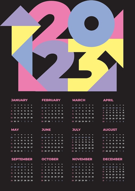 Jaarkalender 2023 sjabloon. Week begint op zondag. Typografie logo 2023. Minimalistische kalender
