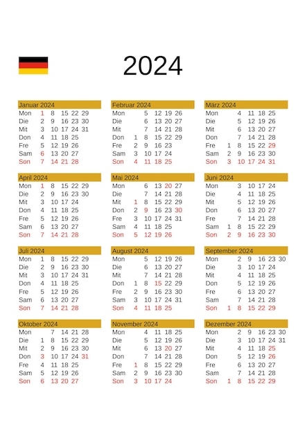 Jaarkalender 2024 in het Duits met feestdagen in Duitsland