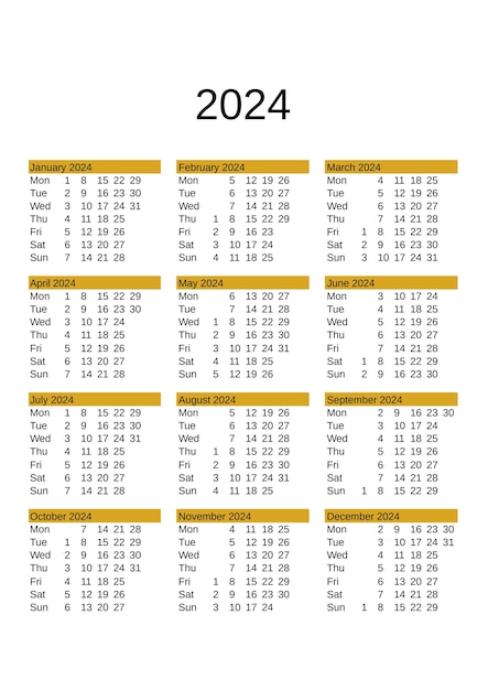 Jaarkalender 2024 in het Engels