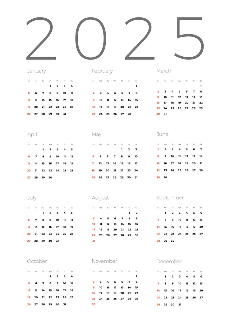 Vector jaarkalender 2025 sjabloon op witte achtergrond de week begint op zondag