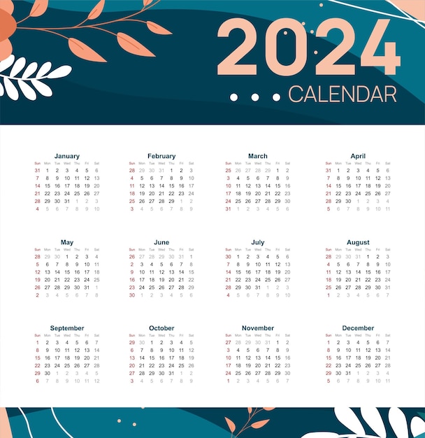 jaarlijkse 2024 kalendersjabloon achtergrond met bloemdecoratie