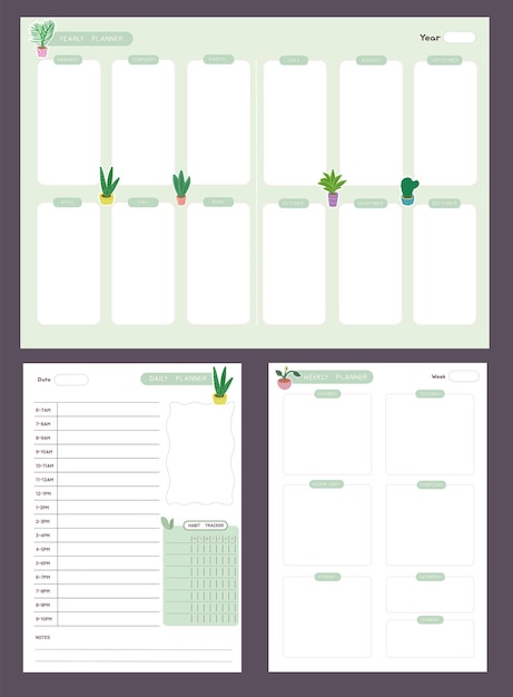 Vector jaarlijkse planner sjabloon dagelijkse planner en wekelijkse planner met huisplanten element