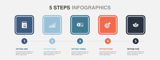 Jaarverslag groeiende obligaties doel dividenden pictogrammen Infographic ontwerpsjabloon Creatief concept met 5 stappen