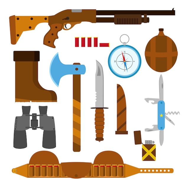 Jacht pictogrammen platte set met mes, bijl, geweer, koffer, aansteker, pen-mes, kompas