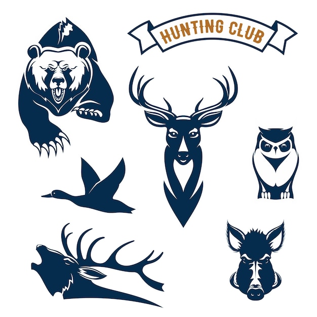 Jachtclub iconen van jacht wilde dieren grizzly beer, herten of rendieren, vliegende eend en elanden gewei, uil, zwijnen of aper. Vectorsymbolen en lint voor het teken van de jachtavontuursport, de kentekens van de jagersclub of em