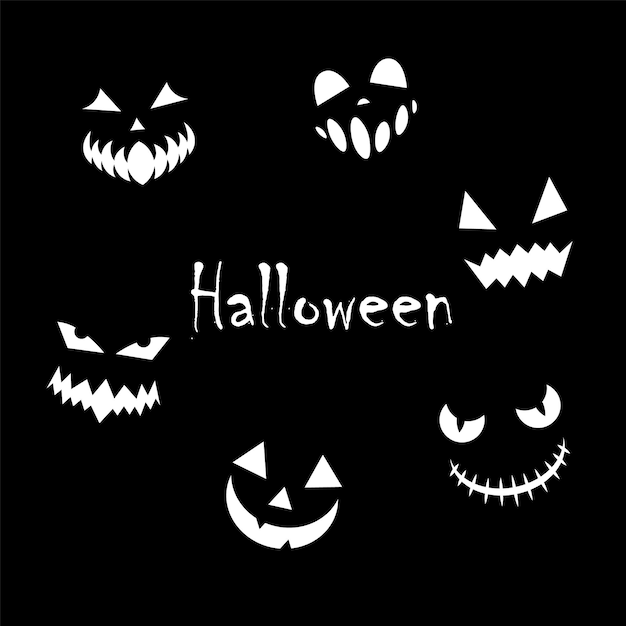 Jack face halloween card white spooky scary faces with text on black background evil eyes and mouth autumn holiday decor elements doodle style decorative objects vector cartoon set