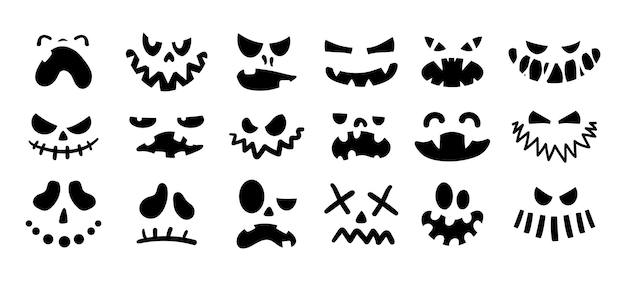 Jack face Halloween scary emotion for carving on pumpkins Creepy evil ghost heads with angry eyes and spooky mouth Black silhouette signs set Vector cute autumn celebration symbol