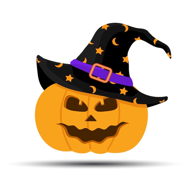 Vettore jack-o-lantern. zucca di halloween con il cappello delle streghe isolato su bianco. personaggio dei cartoni animati di vacanze. illustrazione vettoriale in stile piatto