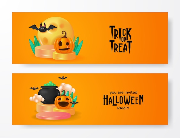 Jack o lantern-pompoen en illustratie op podiumpodiumvertoning voor sjabloon voor spandoek van halloween-feest