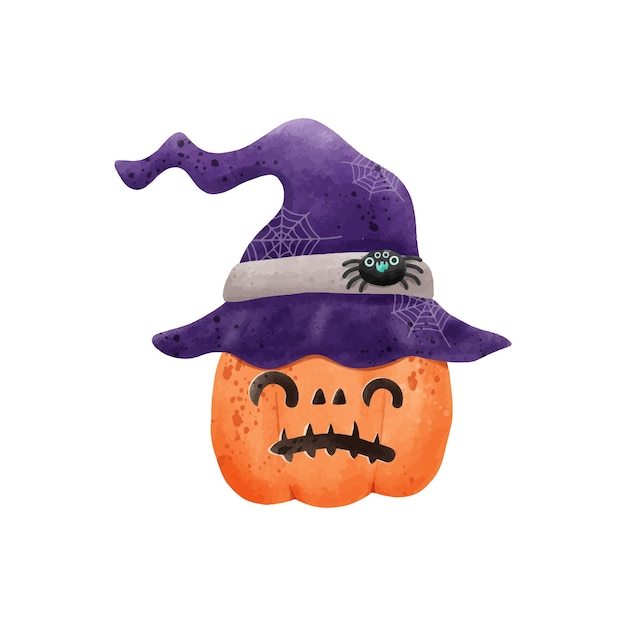 jack o lantern pumpkin wearing witch hat watercolor Happy Halloween holiday Orange pumpkin