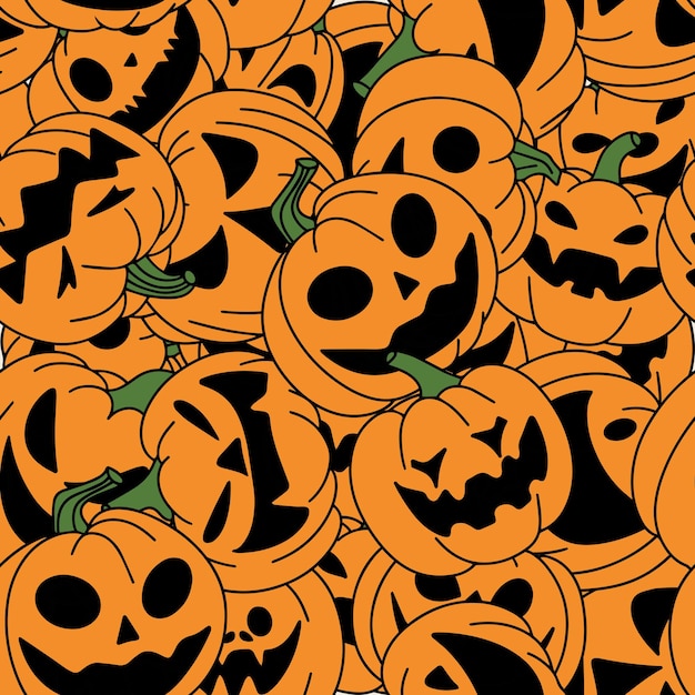 Jack O Lantern seamless pattern in doodle style Hand drawn Halloween seamless pattern Vector