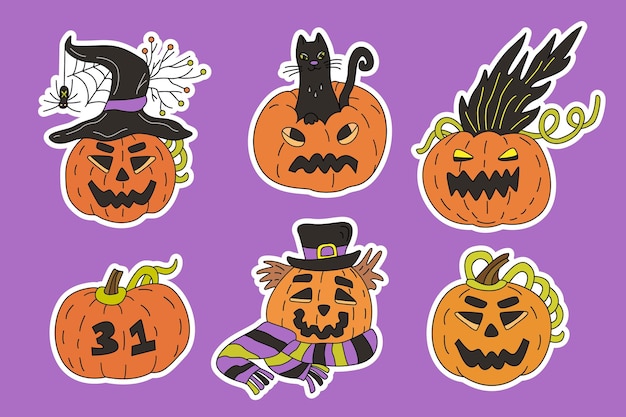 Jack o lantern stickers set Hand drawn vector illustrator of halloween pumpkins White outlines