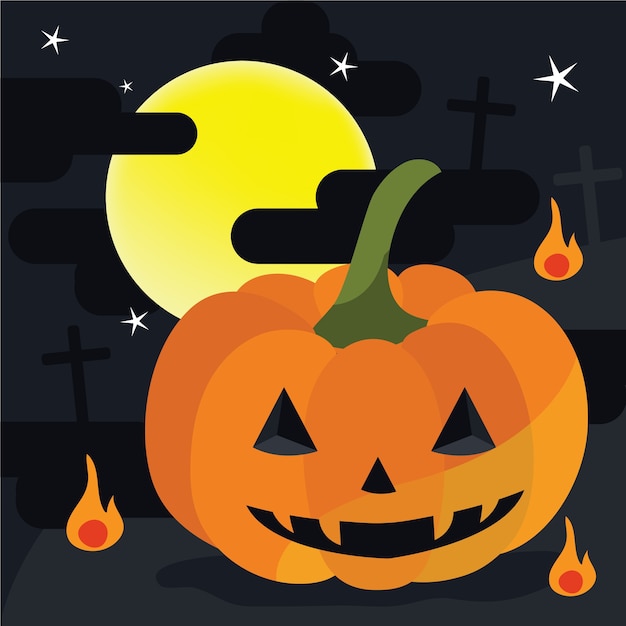 Vettore jack-o-lantern con il fuoco e la grande luna nella notte di halloween