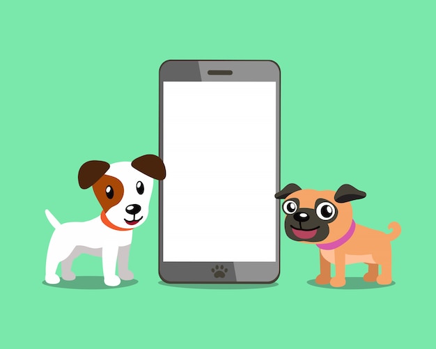 Vettore cane del jack russell terrier e cane del carlino con lo smartphone