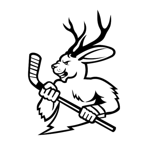 Jackalope With Ice Hockey Stick Mascot Black and White