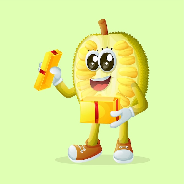 jackfruit-personage dat een cadeau opent Perfect voor merchandise voor kinderen en promotie van stickerbanners