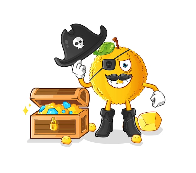 Jackfruit-piraat met schatmascotte. cartoon vector