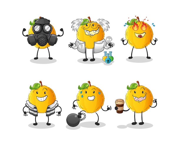 Jackfruit schurk groep karakter cartoon mascotte vector