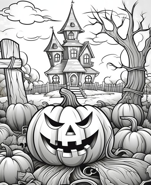 Jackolantern pumpkin in the field in the background a house clouds and a tree Halloween black and white picture coloring book