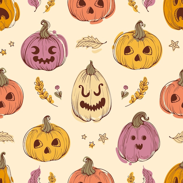 Jackolantern Vintage drawing for Halloween Bright colorful pumpkins in sketch style with scary and funny faces on a beige background Leaves and stars For wallpaper print packaging background