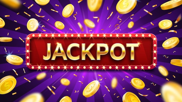 Banner jackpot con monete d'oro che cadono e coriandoli. modello pubblicitario del casinò o della lotteria. vincere denaro, premio nel gioco d'azzardo. congratulazioni con illustrazione vettoriale di dollari