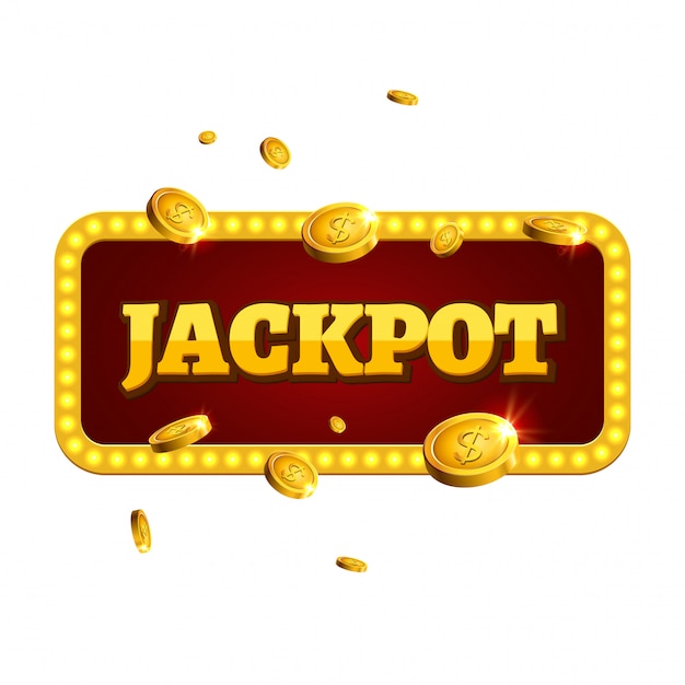 Segno di sfondo etichetta casinò jackpot. casinò jackpot monete denaro vincitore testo splendente simbolo isolato su bianco