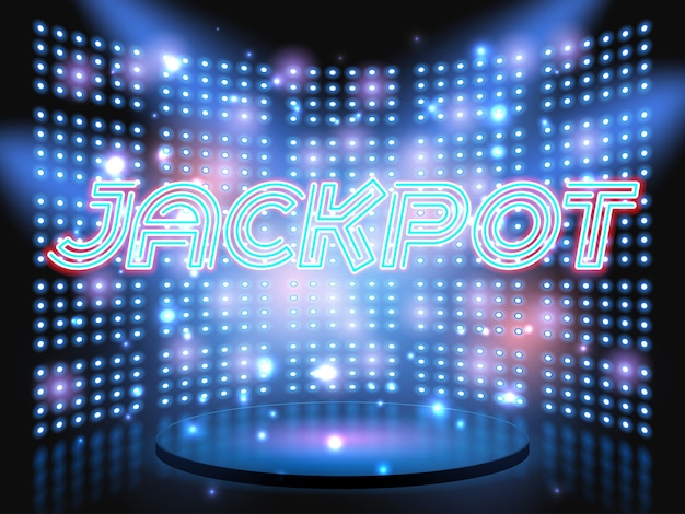 Vector jackpot casino win neon lettering live stage on background with lightbulb glowing wall