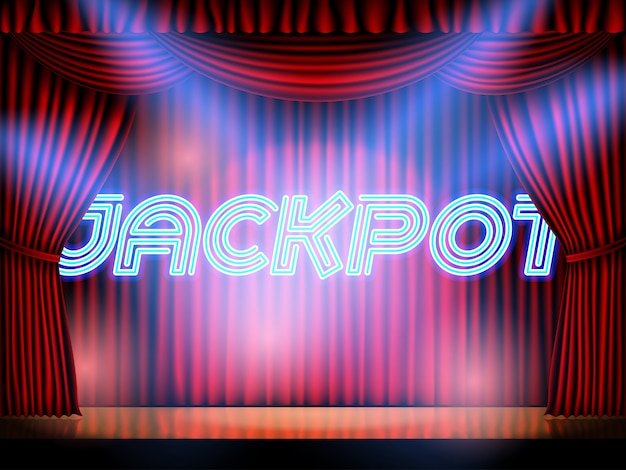 Jackpot casino win neon lettering live stage on background with red curtain