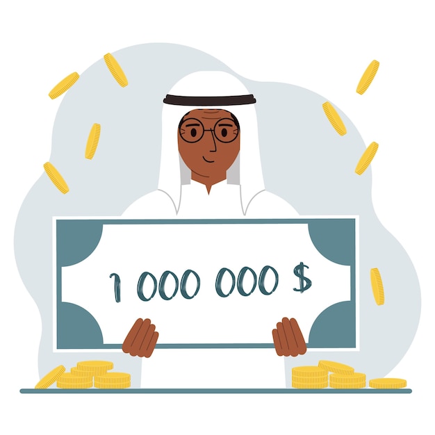 Jackpot the concept of winning cash money Happy smiling arab man holding a certificate for one million dollars in his hands Feeling excited celebrating a win