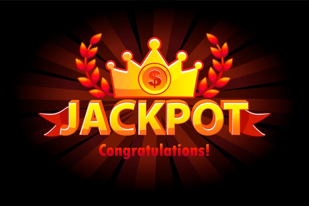 Jackpot gouden casino lotto label met kroon. casino jackpot winnaar awards met gouden tekst en rood lint. objecten op afzonderlijke lagen.