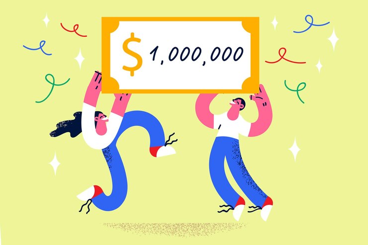 Vector ジャックポット、勝利のお金の現金の概念。ベクトルイラストを祝って興奮を感じて手に100万ドルの証明書を持って立っている2人の幸せな若い笑顔の人々