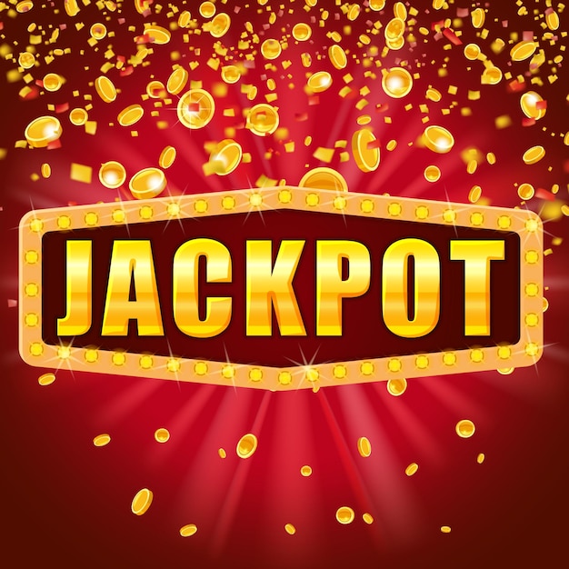 Vector jackpot word shining retro sign illuminated by spotlights falling coins and confetti. lottery casino